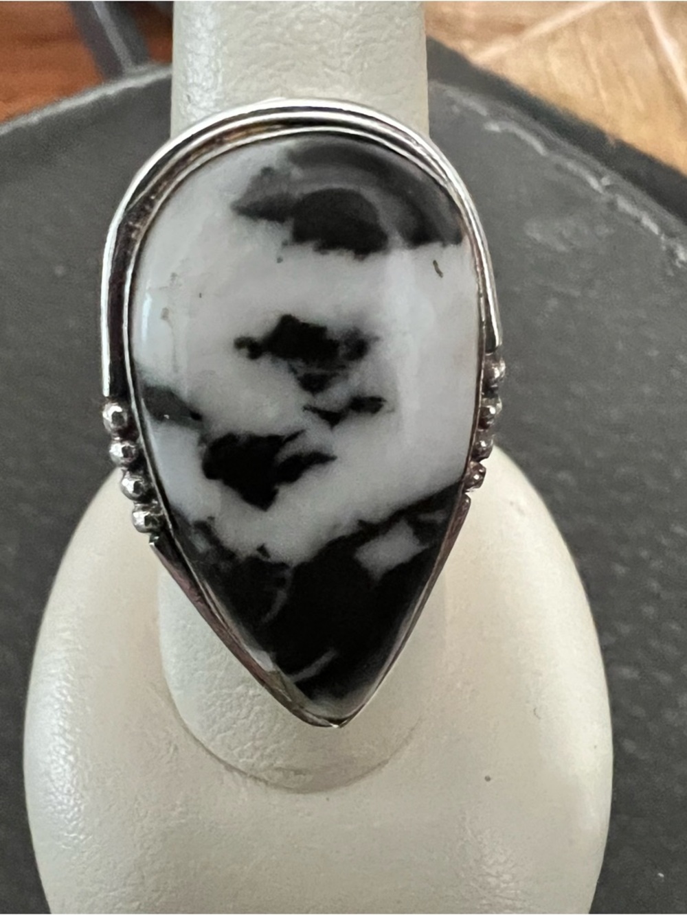 Black and white buffalo turquoise  Teardrop Stone Sterling Ring.